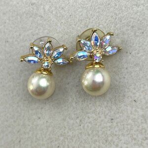 Vintage Iridescent Crystal & Imitation Pearl Earrings 1990s Aurora Borealis Fan